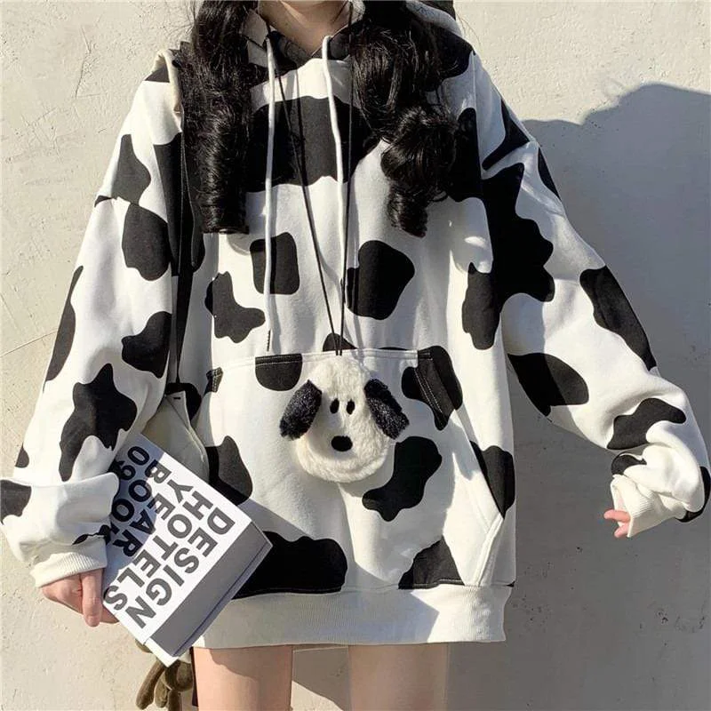 Women's Kawaii Cow Printed Loose Hoodies Hoodie with Elastic Waist Stretchable Comfortable