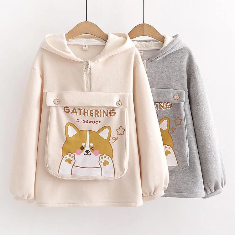 Women's Kawaii Dog Printed Big Pocket Hoodies With Dog Ear Hood Hoodie with Hem Patch Decorative Personalized