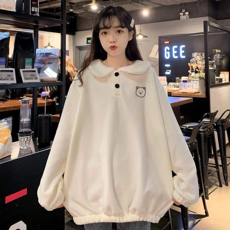 Women's Kawaii Doll Collar Bear Embroidered Sweatshirt Hoodie with Raglan Sleeves Sporty Comfortable