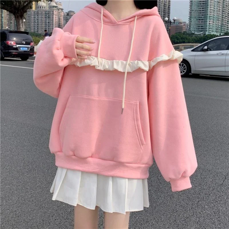 Women's Kawaii Falbala Splice Loose Hoodies Hoodie with Hidden Zipper Minimalist Clean