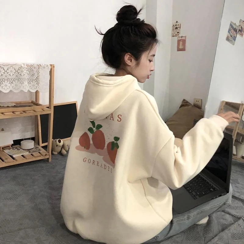 Women's Kawaii Peach Printed Loose Hoodies Hoodie with Monochrome Minimalist Simple