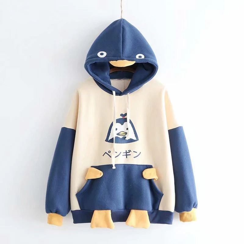 Women's Kawaii Penguin Hooded Contrast Color Hoodies Hoodie with Front Slit Layering Stylish