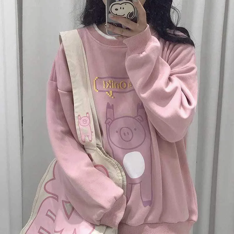 Women's Kawaii Pig Printed Loose Pink Sweatshirt Hoodie with Pastel Soft Subtle