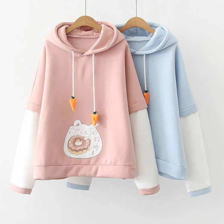 Women's Kawaii Rabbit Eating Sweet Buns Carrot Drawstrings Hoodies Hoodie with Logo Branding Identity