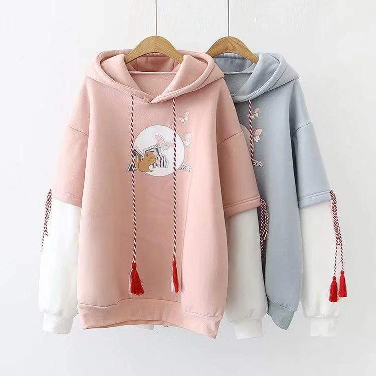 Women's Kawaii Squirrel Butterfly Printed Hoodies With Tassels Hoodie with Exposed Zipper Edgy Industrial