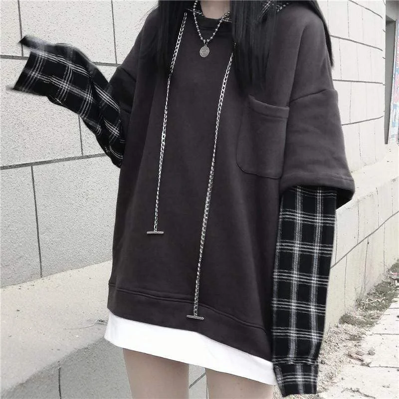 Women's Korean Fashion Pure Color Sweaters Splicing Plaid Hoodies And White Tees Hoodie with High-Low Hem Asymmetrical Trendy