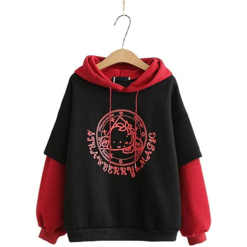 Women's Sweet Contrast Color Strawberry Magic Circle Hoodies Hoodie with Cuffed Sleeves Snug Secure