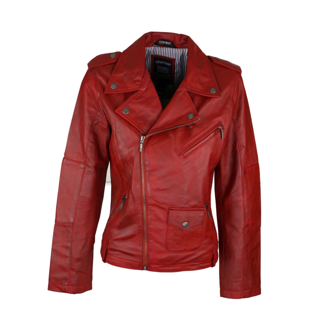 Women's Soft Leather Biker Red Jacket Tiered Jacket Buttoned Jacket Zippered Jacket