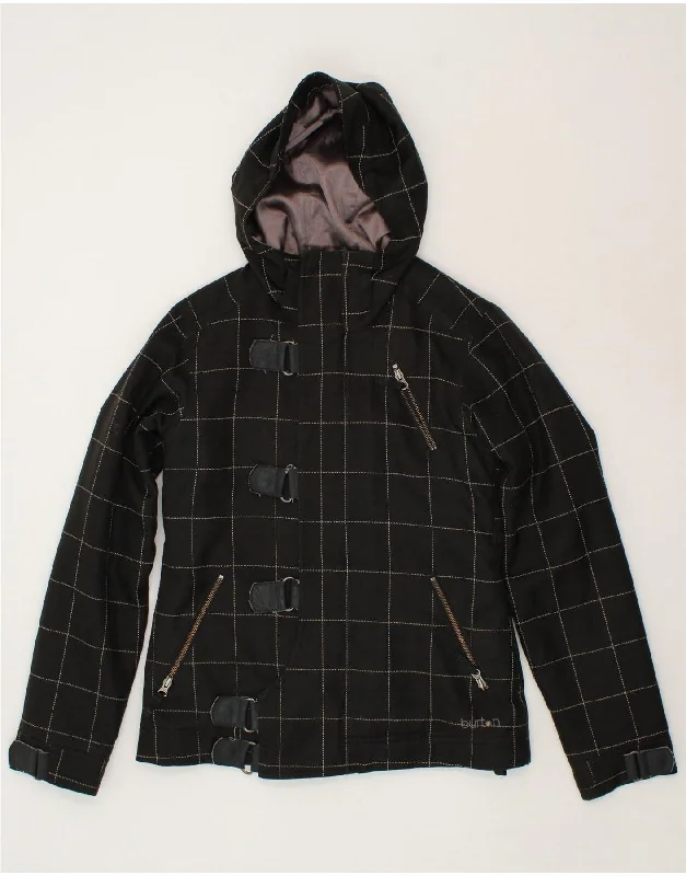 BURTON Womens Hooded Windbreaker Jacket UK 12 Medium Black Check Herringbone Jacket Checkered Jacket Solid Jacket BURTON Womens Hooded Windbreaker Jacket UK 12 Medium Black Check Herringbone Jacket Checkered Jacket Solid Jacket