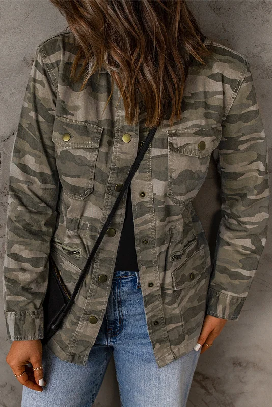 FZ Women's Green Camo Print Multi Pockets Jacket Appliqued Jacket Beaded Jacket Sequined Jacket FZ Women's Green Camo Print Multi Pockets Jacket Appliqued Jacket Beaded Jacket Sequined Jacket