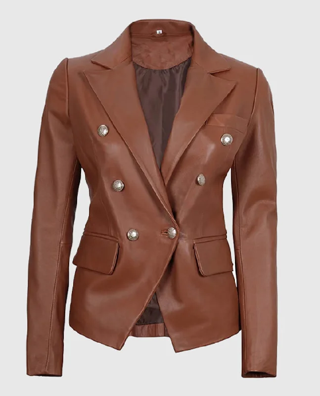 Kinley Women's Double Breasted Brown Leather Blazer Jacket Trench Coat Raincoat Waterproof Jacket Kinley Women's Double Breasted Brown Leather Blazer Jacket Trench Coat Raincoat Waterproof Jacket