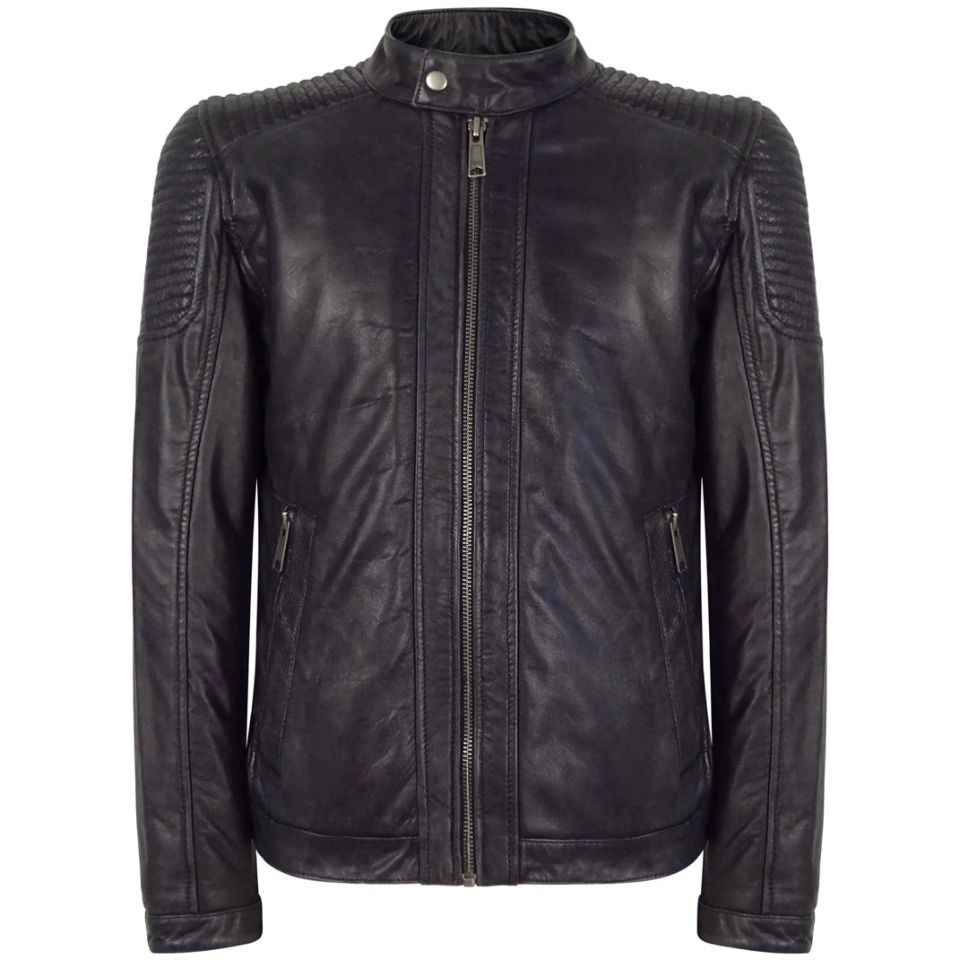 Men's Navy Washed Leather Jacket Nehru Grandad Collar Biker Zippered Front Buttoned Front Snap Front Men's Navy Washed Leather Jacket Nehru Grandad Collar Biker Zippered Front Buttoned Front Snap Front