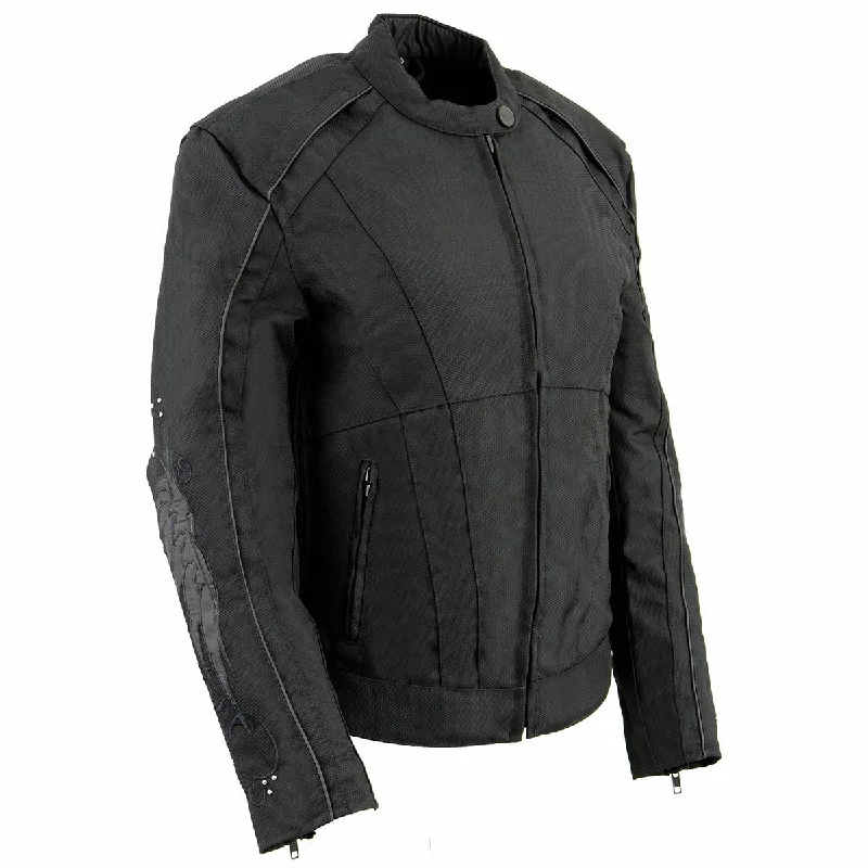 Milwaukee Leather MPL1954 Women's 'Studded Wings' Black Textile Moto Jacket Herringbone Jacket Houndstooth Jacket Plaid Jacket Milwaukee Leather MPL1954 Women's 'Studded Wings' Black Textile Moto Jacket Herringbone Jacket Houndstooth Jacket Plaid Jacket