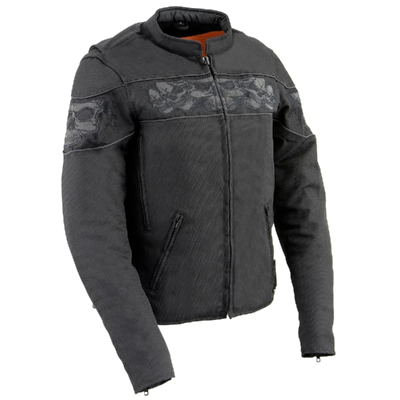 Milwaukee Leather MPL2730 Women's Black Crossover Textile Scooter Jacket with Reflective Skulls Boat Neck Shawl Collar Notched Collar Milwaukee Leather MPL2730 Women's Black Crossover Textile Scooter Jacket with Reflective Skulls Boat Neck Shawl Collar Notched Collar