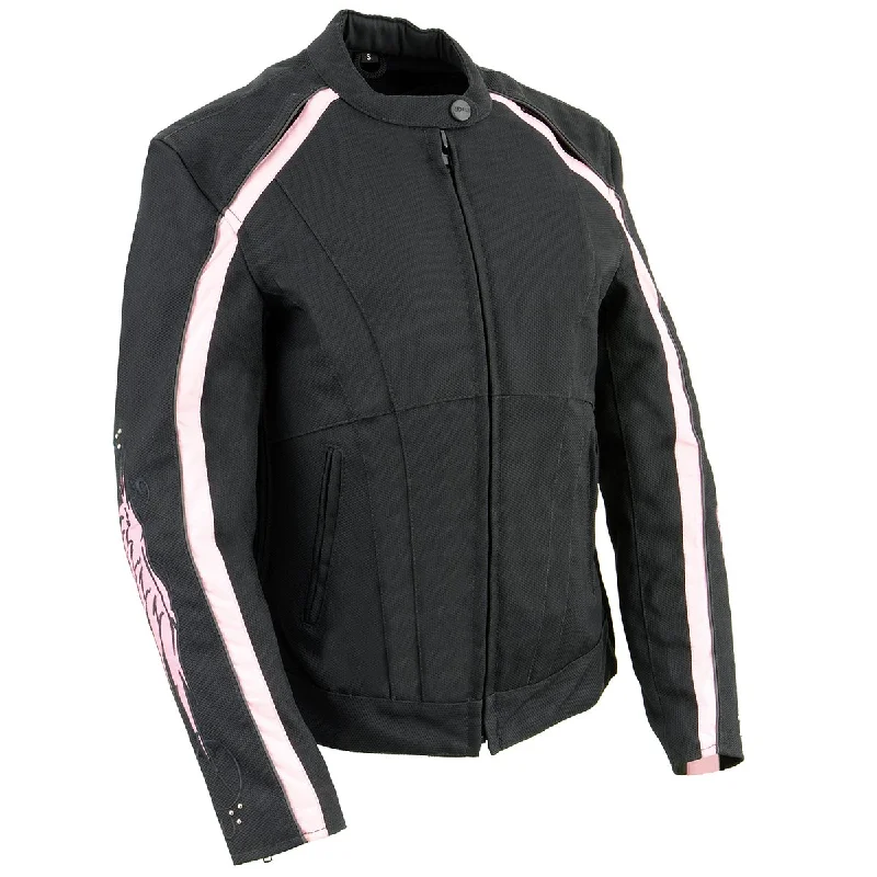 Milwaukee Leather SH1954 Women's Black and Pink Textile Jacket with Stud and Wings Detailing Mesh Jacket Canvas Jacket Denim Jacket Milwaukee Leather SH1954 Women's Black and Pink Textile Jacket with Stud and Wings Detailing Mesh Jacket Canvas Jacket Denim Jacket