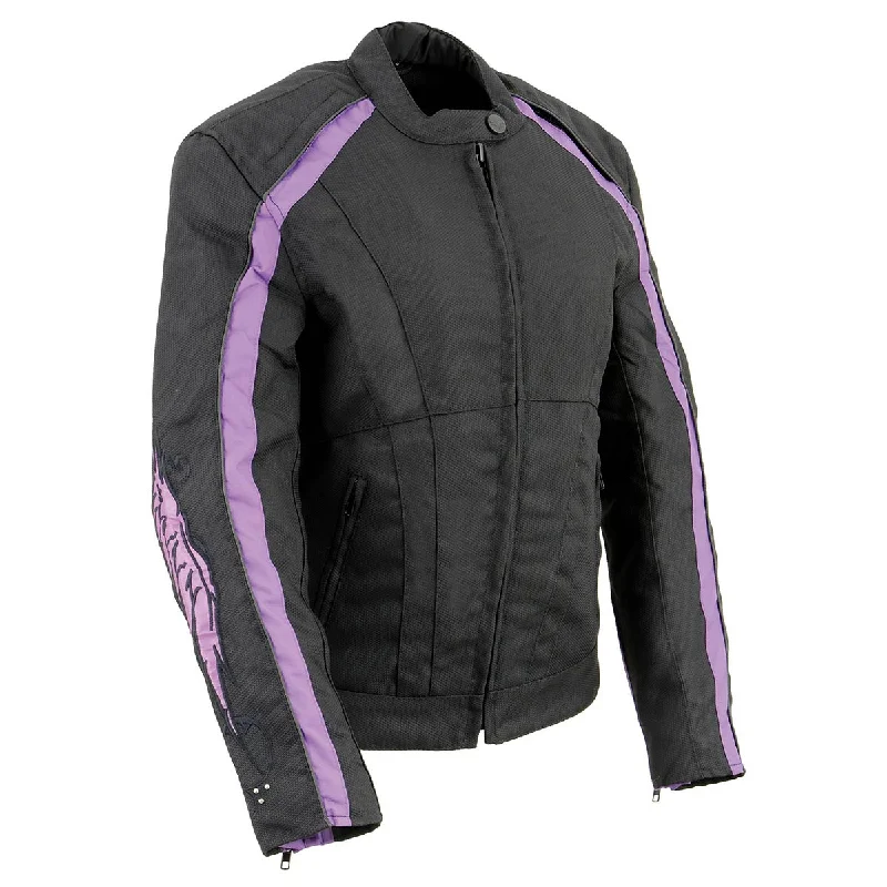 Milwaukee Leather SH1954 Women's Black and Purple Textile Jacket with Stud and Wings Detailing Notch Collar Peter Pan Collar Cowl Neck Milwaukee Leather SH1954 Women's Black and Purple Textile Jacket with Stud and Wings Detailing Notch Collar Peter Pan Collar Cowl Neck