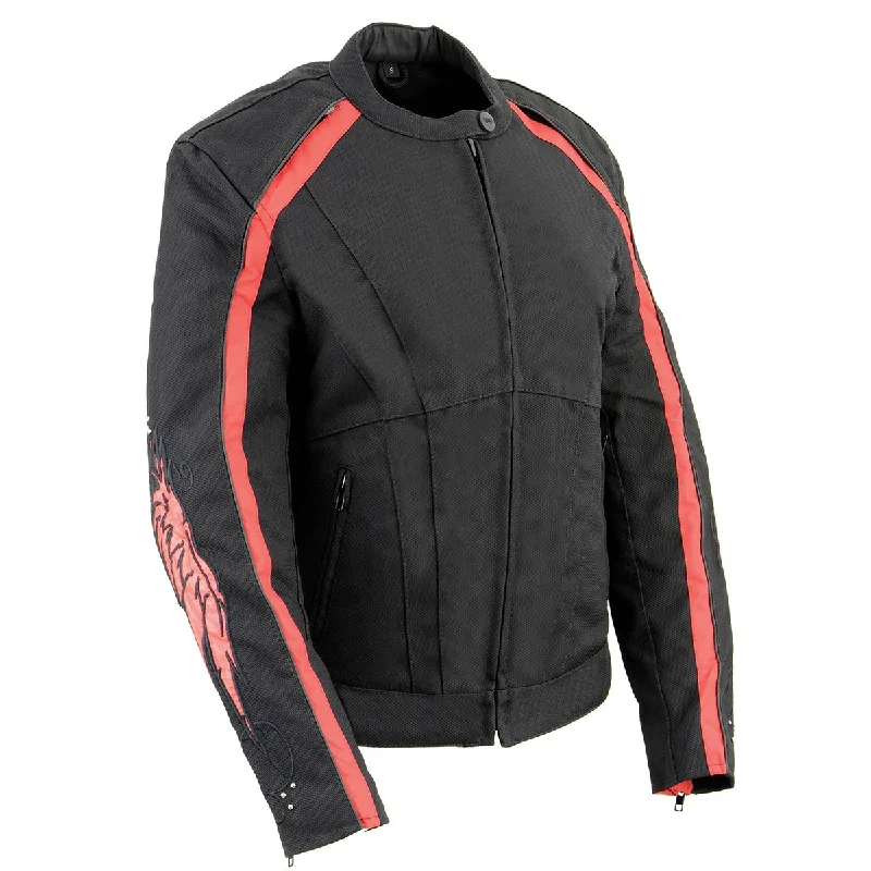 Milwaukee Leather SH1954 Women's Black and Red Textile Jacket with Stud and Wings Detailing Denim Jacket Leather Jacket Suede Jacket Milwaukee Leather SH1954 Women's Black and Red Textile Jacket with Stud and Wings Detailing Denim Jacket Leather Jacket Suede Jacket