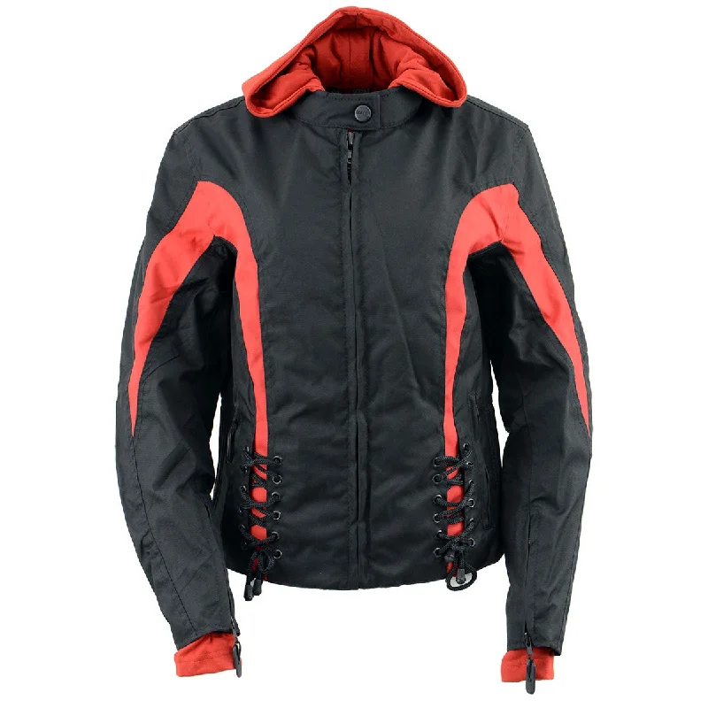 NexGen SH1998 Ladies Red and Black Textile Racer Jacket with Removable Hoodie Tiered Jacket Buttoned Jacket Zippered Jacket NexGen SH1998 Ladies Red and Black Textile Racer Jacket with Removable Hoodie Tiered Jacket Buttoned Jacket Zippered Jacket