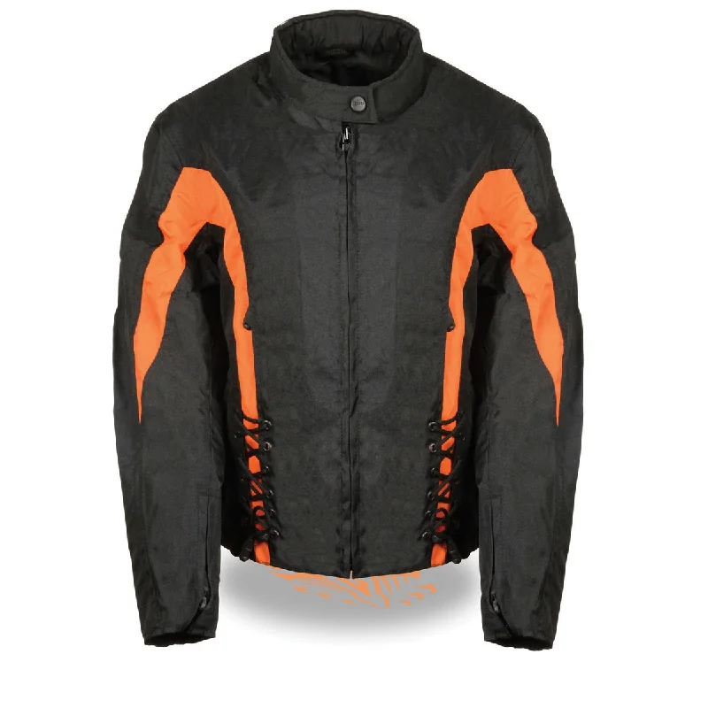 Nexgen SH2188 Women's Black and Orange Textile Motorcycle Riding Jacket with Side Stretch and Lacing Toggled Jacket Drawstring Jacket Belted Jacket Nexgen SH2188 Women's Black and Orange Textile Motorcycle Riding Jacket with Side Stretch and Lacing Toggled Jacket Drawstring Jacket Belted Jacket