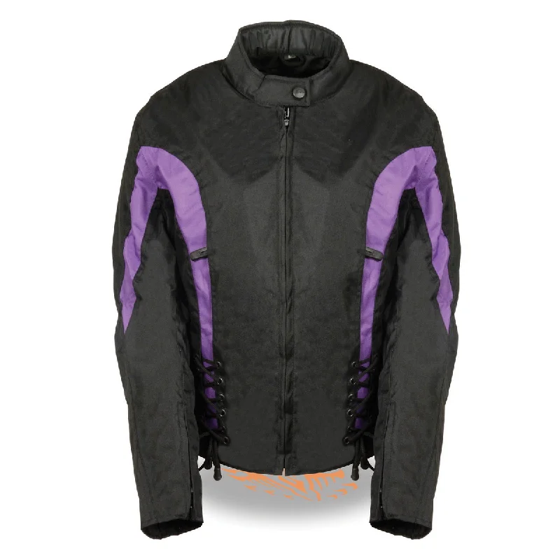 Nexgen SH2188 Women's Black and Purple Textile Motorcycle Riding Jacket with Side Stretch and Lacing Hoodie Zip-Up Jacket Button-Up Jacket Nexgen SH2188 Women's Black and Purple Textile Motorcycle Riding Jacket with Side Stretch and Lacing Hoodie Zip-Up Jacket Button-Up Jacket