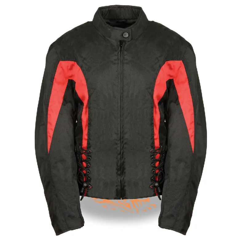 Nexgen SH2188 Women's Black and Red Textile Motorcycle Riding Jacket with Side Stretch and Lacing Chenille Fabric Brocade Fabric Lace Fabric Nexgen SH2188 Women's Black and Red Textile Motorcycle Riding Jacket with Side Stretch and Lacing Chenille Fabric Brocade Fabric Lace Fabric