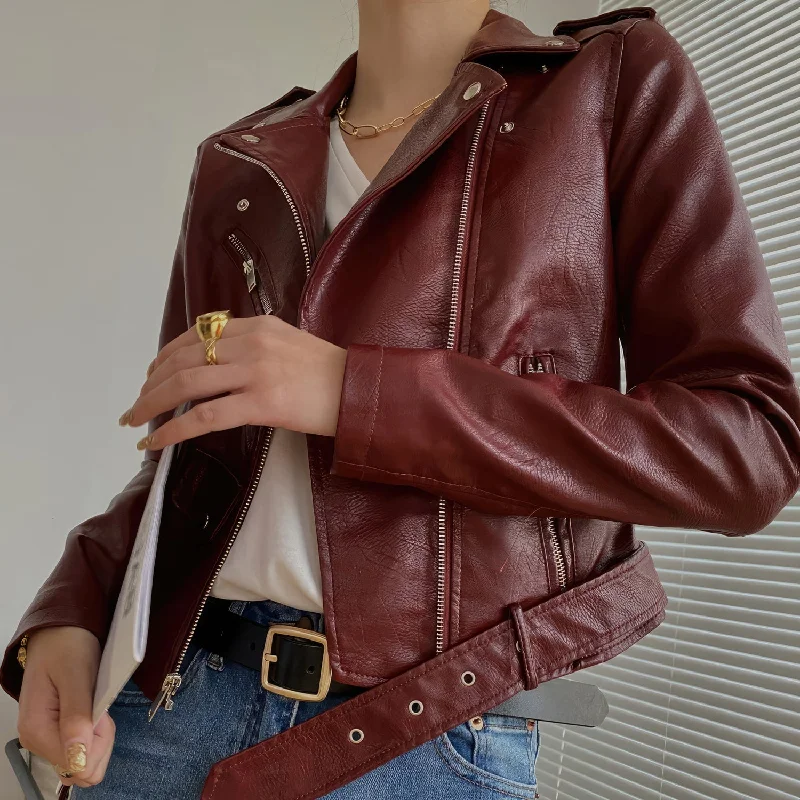 Women's Red Sheepskin Biker Jacket: Café Racer Style, Slim Fit Toggled Jacket Drawstring Jacket Belted Jacket Women's Red Sheepskin Biker Jacket: Café Racer Style, Slim Fit Toggled Jacket Drawstring Jacket Belted Jacket