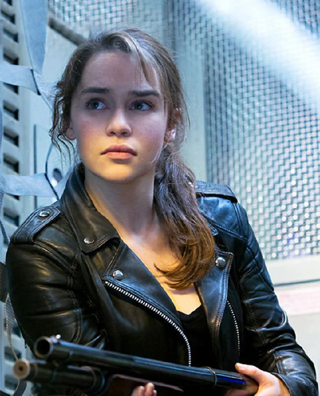 Sarah Connor Terminator Genisys Black Leather Jacket Tailored Jacket Straight Jacket A-Line Jacket Sarah Connor Terminator Genisys Black Leather Jacket Tailored Jacket Straight Jacket A-Line Jacket