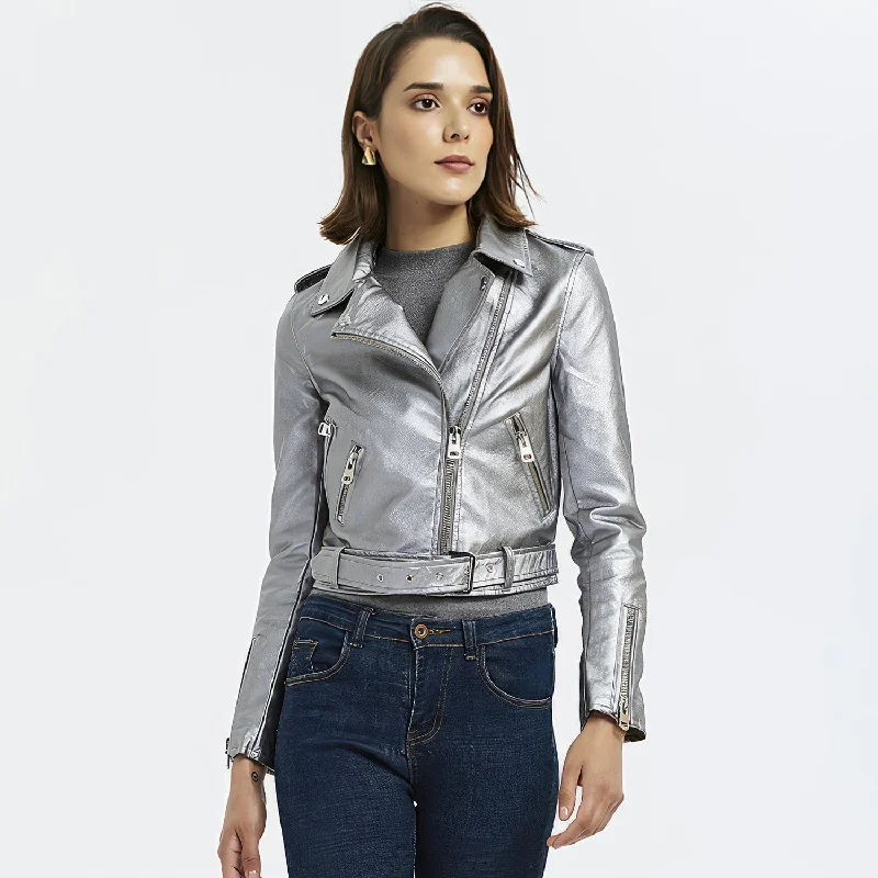 : Women’s Silver Biker Genuine Sheepskin Lapel Collar Rivet Asymmetric Zip-Up Motorcycle Racer Belted Slim Fit Leather Jacket Tailored Jacket Straight Jacket A-Line Jacket : Women’s Silver Biker Genuine Sheepskin Lapel Collar Rivet Asymmetric Zip-Up Motorcycle Racer Belted Slim Fit Leather Jacket Tailored Jacket Straight Jacket A-Line Jacket