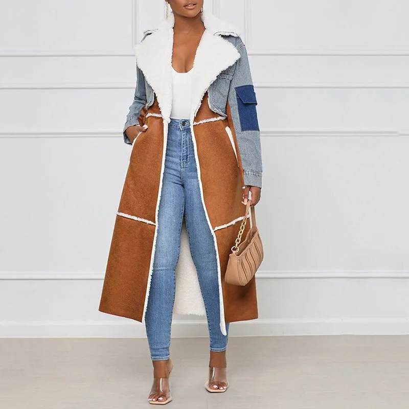FZ Women's Lamb Wool Denim Stitching Jacket Front Pockets Side Pockets Patch Pockets FZ Women's Lamb Wool Denim Stitching Jacket Front Pockets Side Pockets Patch Pockets