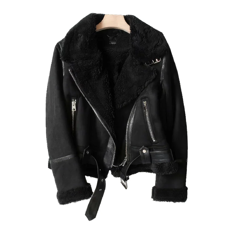 Timeless Women's Vintage Black Suede Lambskin Shearling Moto Biker Jacket Lace Jacket Ribbed Jacket Sequined Jacket Timeless Women's Vintage Black Suede Lambskin Shearling Moto Biker Jacket Lace Jacket Ribbed Jacket Sequined Jacket