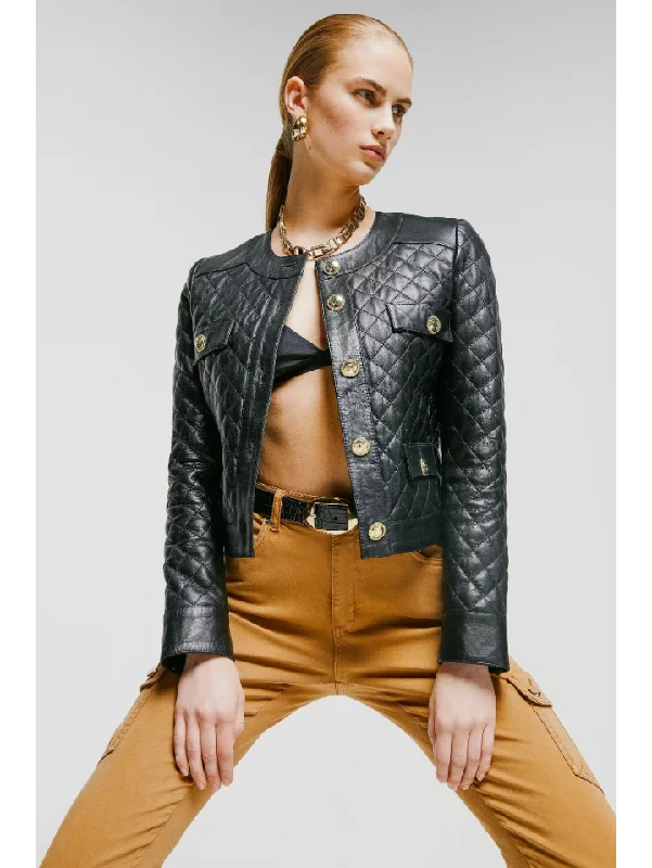 Women’s Black Leather Jacket Golden Buttons Fleece Fabric Down Fabric Feather Fabric Women’s Black Leather Jacket Golden Buttons Fleece Fabric Down Fabric Feather Fabric