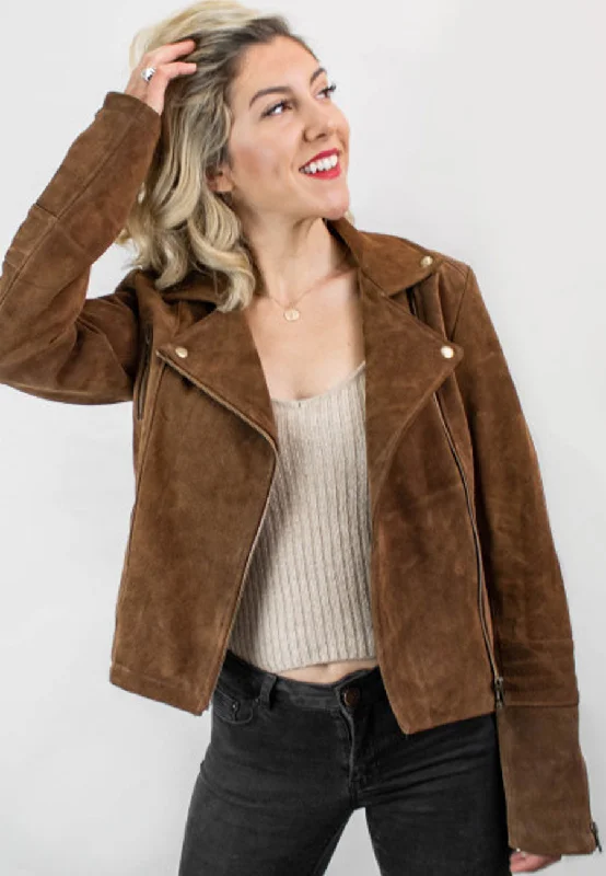 Women’s Brown Suede Leather Biker Jacket Elasticated Jacket Padded Jacket Insulated Jacket Women’s Brown Suede Leather Biker Jacket Elasticated Jacket Padded Jacket Insulated Jacket