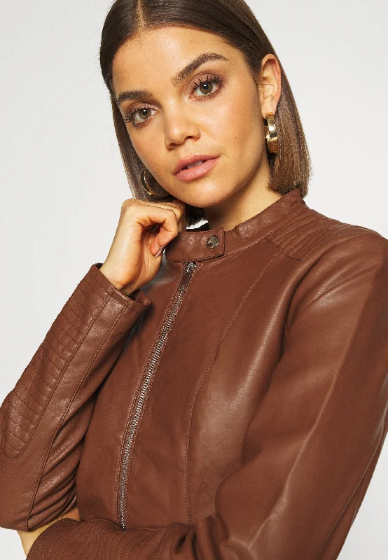 Women’s Chocolate Brown Leather Biker Jacket A-Line Jacket Boat Neck Shawl Collar