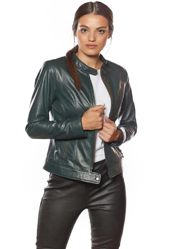 Women’s Green Leather Jacket Slim Fit Nylon Fabric Polyester Fabric Spandex Fabric