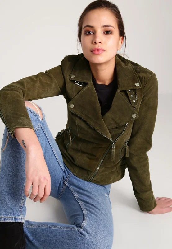 Women’s Green Suede Leather Biker Jacket Tiered Jacket Buttoned Jacket Zippered Jacket Women’s Green Suede Leather Biker Jacket Tiered Jacket Buttoned Jacket Zippered Jacket