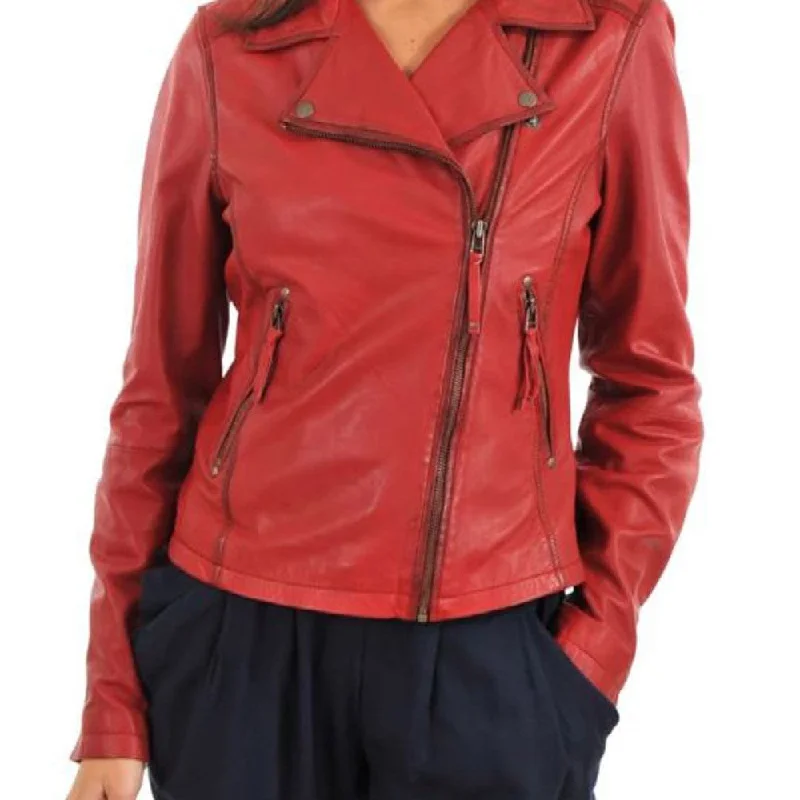 Womens Assymetrical Motorbike Red Leather Jacket Stand-Up Collar Roll-Neck Collar Turtle Neck Womens Assymetrical Motorbike Red Leather Jacket Stand-Up Collar Roll-Neck Collar Turtle Neck
