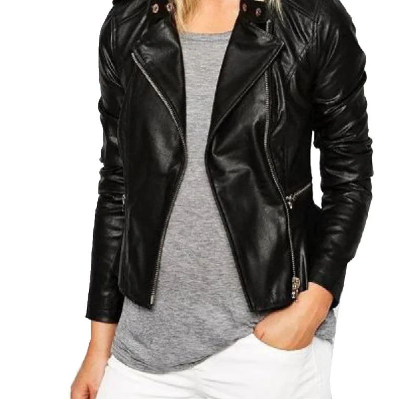 Women's Asymmetrical Black Sheep Leather Biker Jacket Cotton Fabric Linen Fabric Terry Fabric Women's Asymmetrical Black Sheep Leather Biker Jacket Cotton Fabric Linen Fabric Terry Fabric
