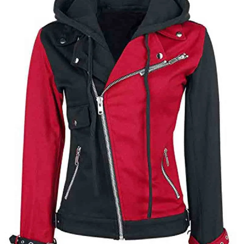 Womens Black And Red Harley Quin Leather Jacket Welt Pockets Slit Pockets Flap Pockets Womens Black And Red Harley Quin Leather Jacket Welt Pockets Slit Pockets Flap Pockets