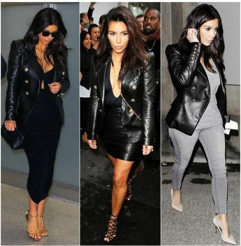 Women's Black Kim Kardashian Genuine Leather Double Breasted Jacket Hooded Jacket Caped Jacket Shawl Collar Jacket Women's Black Kim Kardashian Genuine Leather Double Breasted Jacket Hooded Jacket Caped Jacket Shawl Collar Jacket