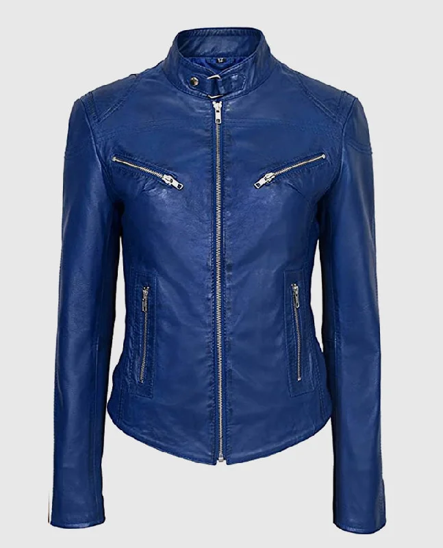 Women's Blue Basic Four Pocket Leather Jacket Front Pockets Side Pockets Patch Pockets Women's Blue Basic Four Pocket Leather Jacket Front Pockets Side Pockets Patch Pockets