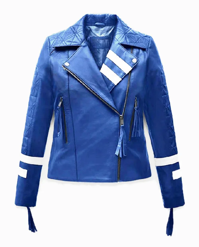 Women's Blue Biker Leather Jacket One-Shoulder Jacket Off-the-Shoulder Jacket Asymmetrical Jacket