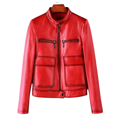 Womens Nyra Front Pocket Red Genuine Lambskin Leather Jacket Fleece Jacket Down Jacket Feather Jacket Womens Nyra Front Pocket Red Genuine Lambskin Leather Jacket Fleece Jacket Down Jacket Feather Jacket