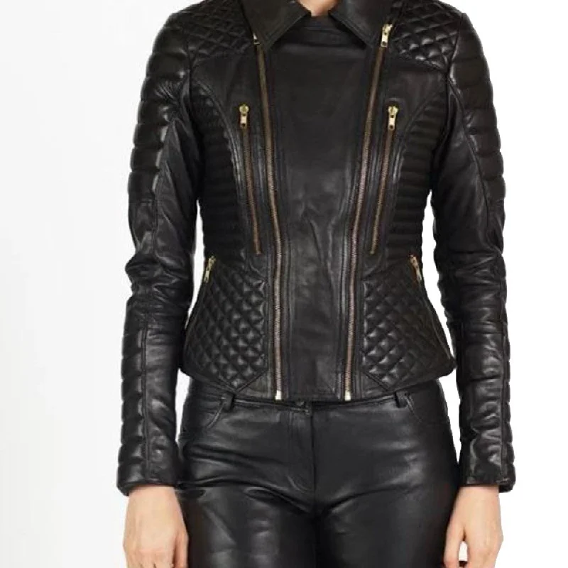 Womens Padded And Quilted Motorbike Black Leather Jacket Front Pockets Side Pockets Patch Pockets Womens Padded And Quilted Motorbike Black Leather Jacket Front Pockets Side Pockets Patch Pockets