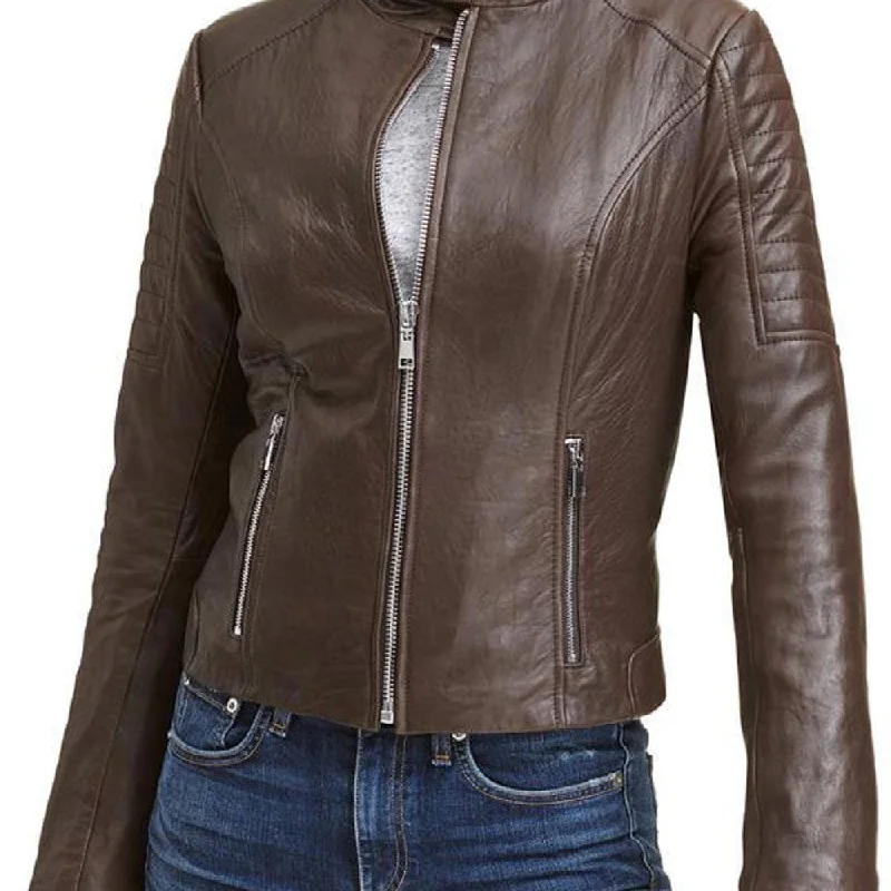 Womens Quilted Sleeves Brown Leather Jacket Zippered Jacket Buttoned Jacket Snapped Jacket Womens Quilted Sleeves Brown Leather Jacket Zippered Jacket Buttoned Jacket Snapped Jacket