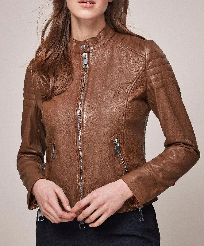Women's Hugo Cross Roads Stylish Brown Quilt Shoulder Moto Real Leather Jacket Hoodie Zip-Up Jacket Button-Up Jacket Women's Hugo Cross Roads Stylish Brown Quilt Shoulder Moto Real Leather Jacket Hoodie Zip-Up Jacket Button-Up Jacket
