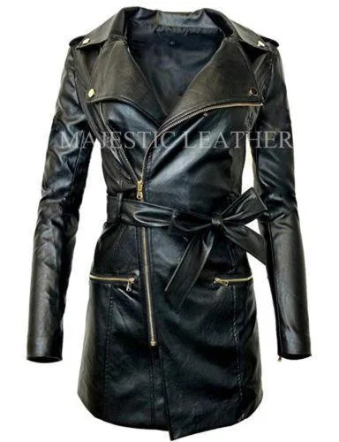 Women's Zip-up Long Jacket Belt Real Leather Trench Coats A-Line Jacket Boat Neck Shawl Collar Women's Zip-up Long Jacket Belt Real Leather Trench Coats A-Line Jacket Boat Neck Shawl Collar