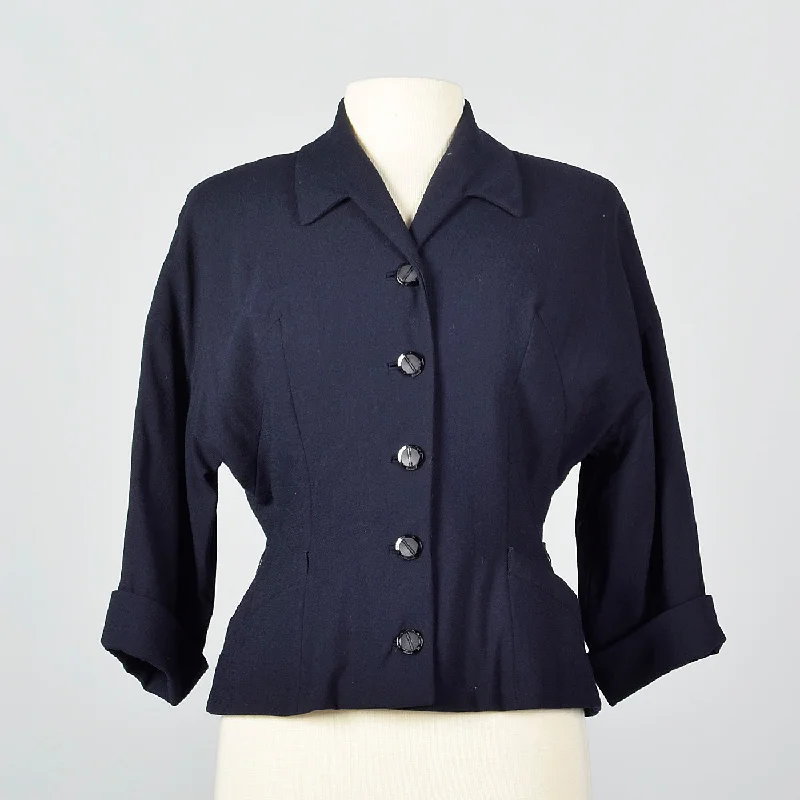 1950s Navy Blue Jacket with Fitted Waist Knit Jacket Woven Jacket Fleece Jacket