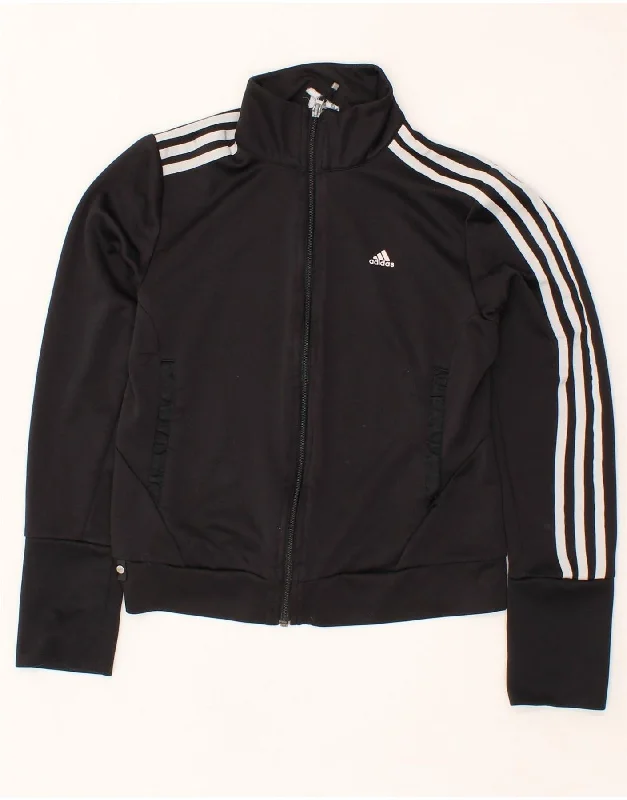 ADIDAS Womens Crop Tracksuit Top Jacket UK 10 Small Black Polyester Zip Front Button Front Snap Front