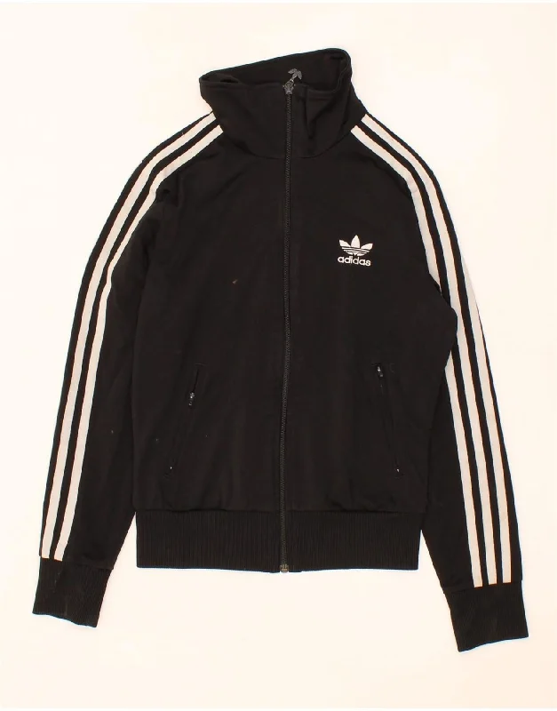 ADIDAS Womens Graphic Tracksuit Top Jacket UK 6 XS Black Polyester Tiered Jacket Buttoned Jacket Zippered Jacket