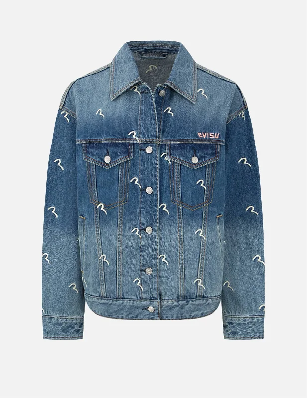 Allover Seagull Embroidery Denim Jacket Mesh Jacket Canvas Jacket Denim Jacket